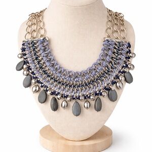 Chico's Azure Bib Necklace NWT $79 Blue Silver Chunky Heavy Statement Fringe